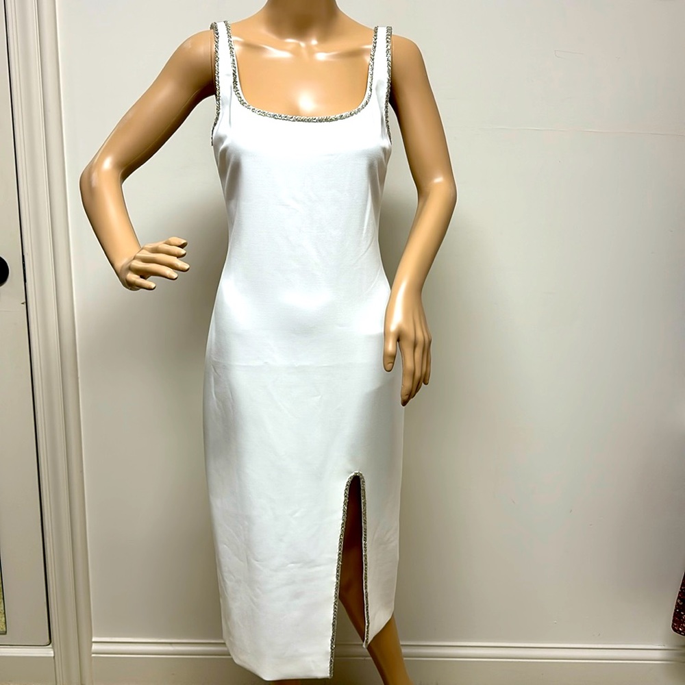 New Likely White Dressy MIDI Dress Lined with beaded trim size 10